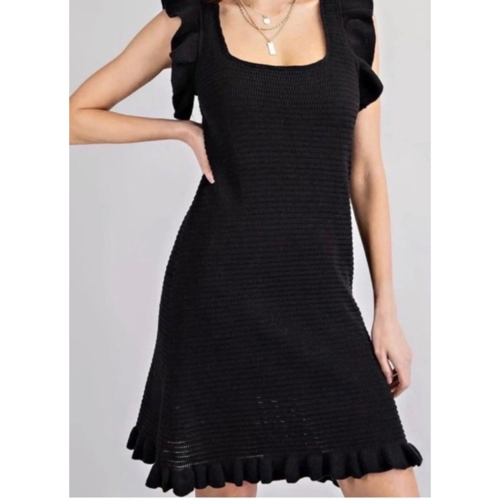 House of Harlow 1960 Mini Dress Womens Size S Black Ruffle Square Neck Knit